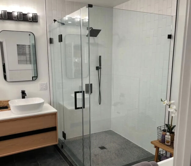 Bathroom remodel with glass shower.